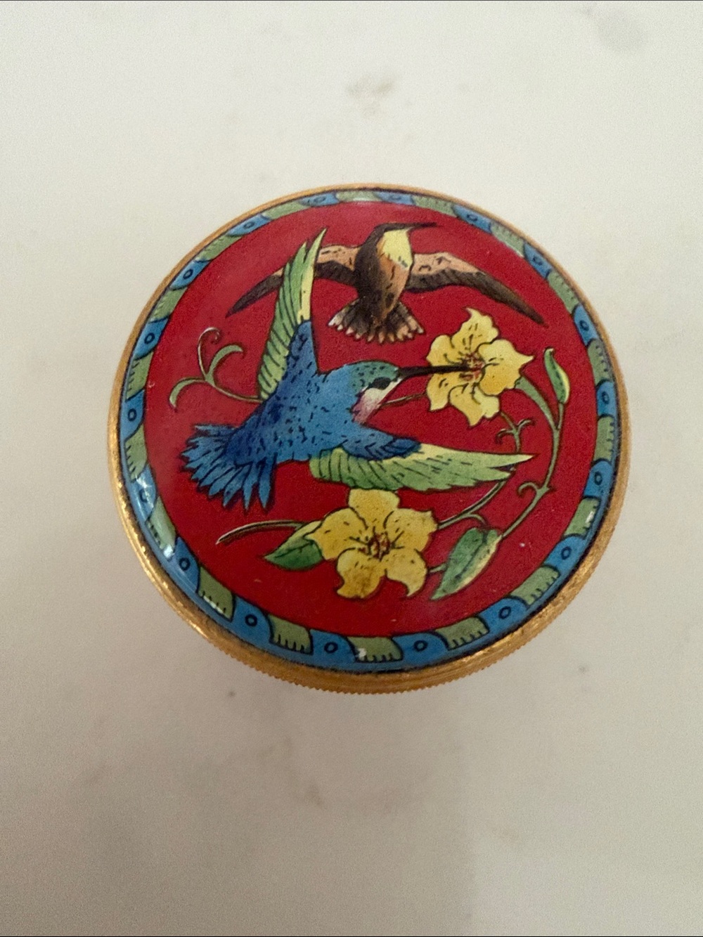 Round Red Bird-Print Pet Toy with Blue and Yellow Accents